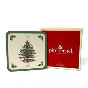 Pimpernel Square Christmas Tree Coasters 6 Cork Backs 4" x 4" Holiday Tableware